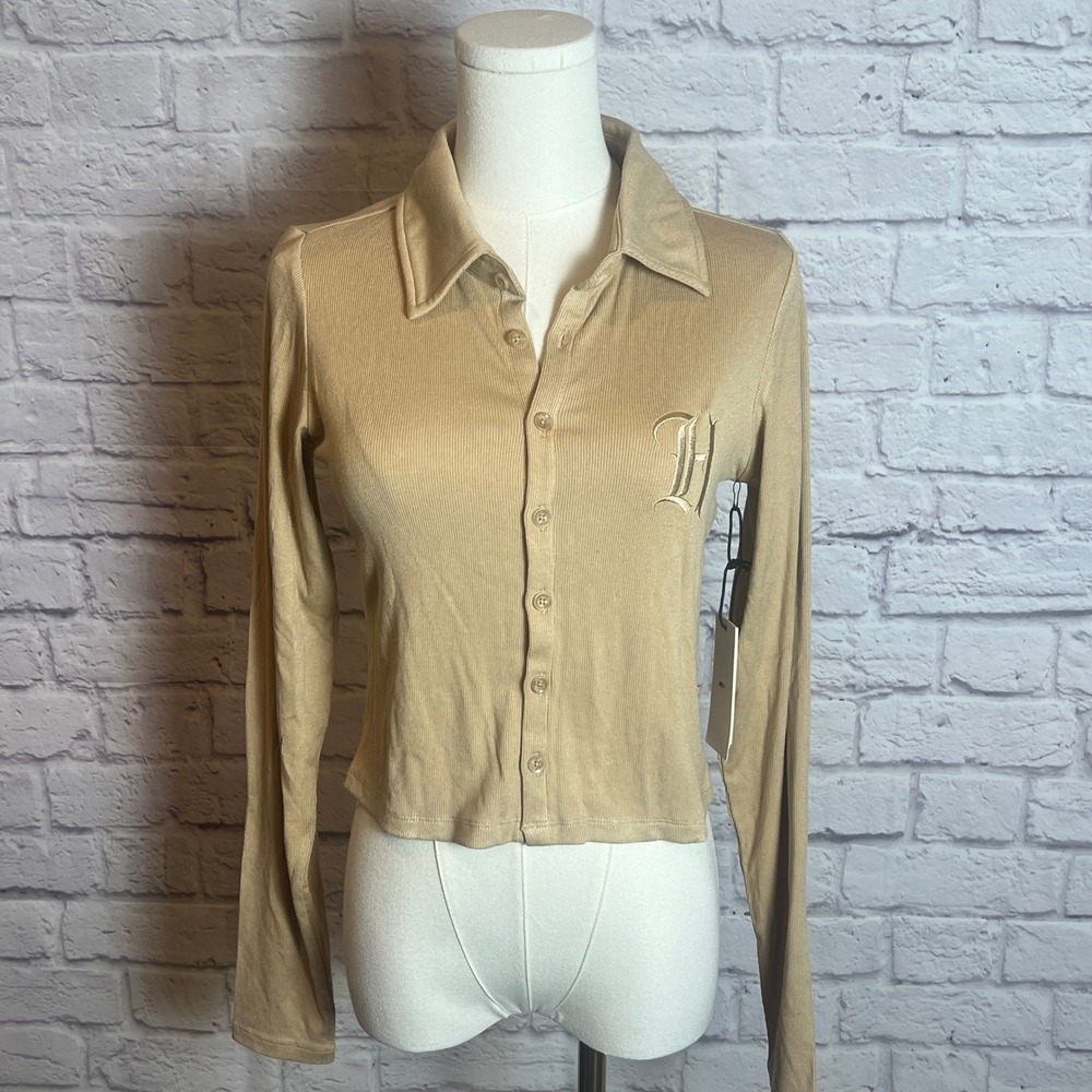 Honor The Gift Women's M Tan Ribbed Button Down Top Rayon Blend Cleanfit Preppy